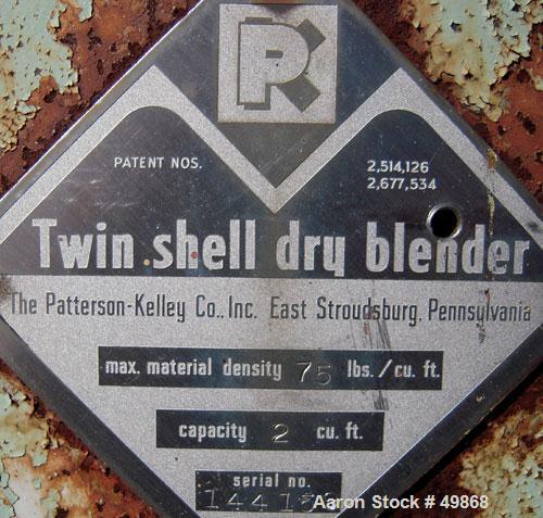 Used Patterson Kelley Twin Shell Dry Blender, 2 Cubic Foot Capacity, 304 Stainless Steel. Maximum material density 75 pounds per cubic foot. (2) 14" top charge ports, no covers. Shell 14" diameter x ...