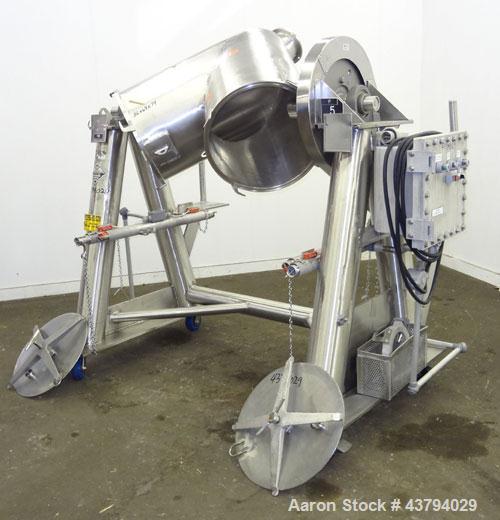Used Patterson-Kelley Twin Shell Dry Blender, 5 Cubic Feet Capacity, 316 Stainless Steel. 95 Pounds a cubic foot maximum material density. (2) Approximate 19-1/2” diameter charge ports with quick rel...