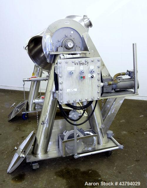 Used Patterson-Kelley Twin Shell Dry Blender, 5 Cubic Feet Capacity, 316 Stainless Steel. 95 Pounds a cubic foot maximum material density. (2) Approximate 19-1/2” diameter charge ports with quick rel...