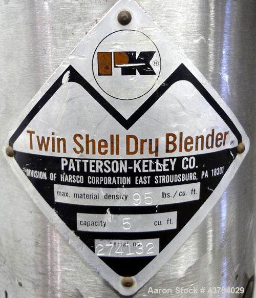 Used Patterson-Kelley Twin Shell Dry Blender, 5 Cubic Feet Capacity, 316 Stainless Steel. 95 Pounds a cubic foot maximum material density. (2) Approximate 19-1/2” diameter charge ports with quick rel...