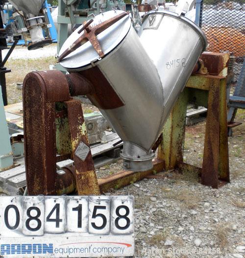 Used Patterson Kelley Twin Shell Dry Blender, 5 Cubic Feet, 304 Stainless Steel. Maximum material density 65 pounds per cubic foot. (2) 18" Diameter openings with quick release covers missing clamps....