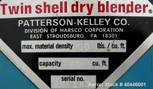 Used Patterson Kelley Twin Shell Dry Blender, 60 Cubic Feet Capacity, 304 Stainless Steel. Maximum material density 50 pounds per cubic foot. 18" diameter charge ports with quick release covers. Shel...