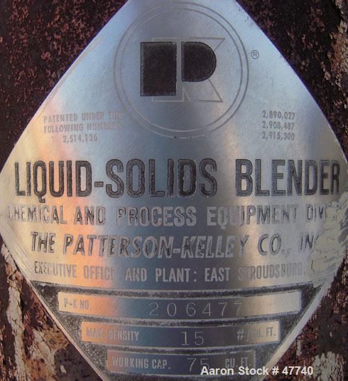 Used Patterson-Kelley Twin Shell Liquid Solids Blender, 75 Cubic Foot Capacity, 304 Stainless Steel. Maximum material density 15 pounds per cubic foot. (2) 18" Top charge ports, no covers. Shell 46" ...
