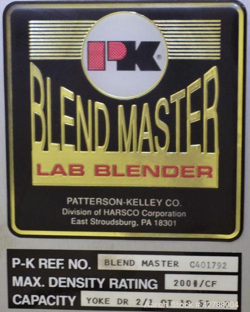Used Patterson-Kelley Blend Master Lab Blender, Maximum density rating 200 pound a cubic foot. Unit consists of (1) Yoke shell drive system with a 1/3hp, 1/60/115/208-230 volt, 1720 rpm motor, and (7...
