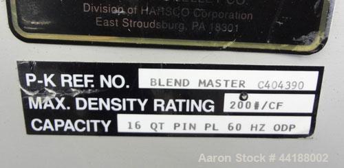 Used Patterson-Kelley 16 Quart Blend Master Lab Blender, Maximum density rating 200 pound a cubic foot. Unit consists of (1) 316 Stainless steel twin shell blender, (2) 9” diameter charge ports with ...