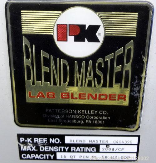 Used Patterson-Kelley 16 Quart Blend Master Lab Blender, Maximum density rating 200 pound a cubic foot. Unit consists of (1) 316 Stainless steel twin shell blender, (2) 9” diameter charge ports with ...