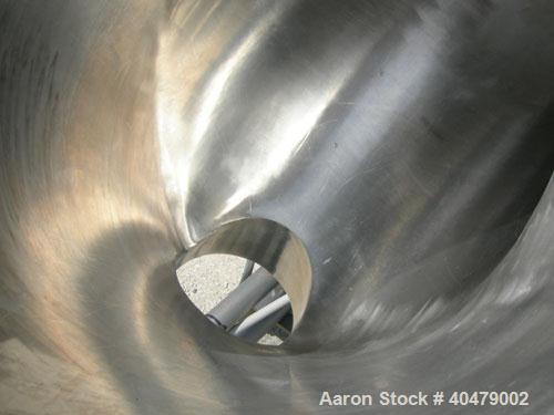 Used Patterson Kelley twin shell dry blender, 2 cubic foot capacity, 316 stainless steel. Max material density 85 pounds per cubic foot. 14" diameter cones with quick release covers. Shell driven by ...