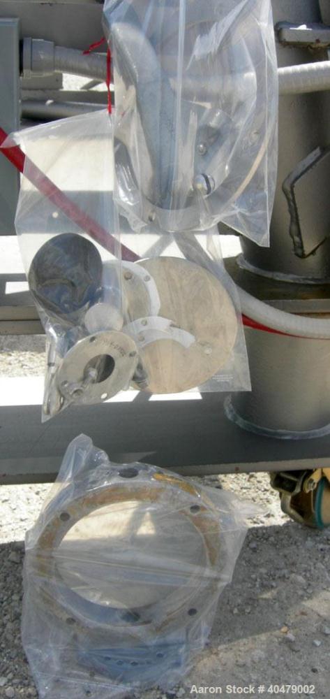 Used Patterson Kelley twin shell dry blender, 2 cubic foot capacity, 316 stainless steel. Max material density 85 pounds per cubic foot. 14" diameter cones with quick release covers. Shell driven by ...