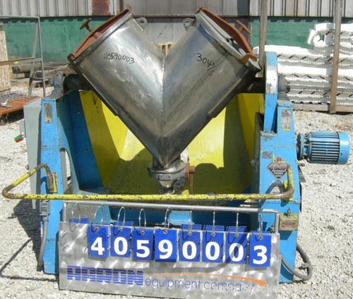 Used Patterson Kelley twin shell blender, 3 cubic foot capacity, 304 stainless steel. 340 pounds per cubic foot max material density. (2) 16" diameter charge ports with quick release covers. Driven b...