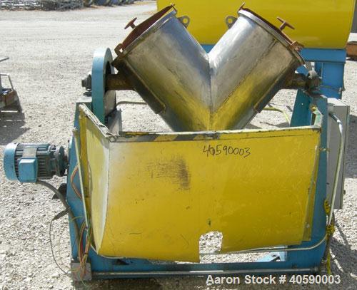 Used Patterson Kelley twin shell blender, 3 cubic foot capacity, 304 stainless steel. 340 pounds per cubic foot max material density. (2) 16" diameter charge ports with quick release covers. Driven b...