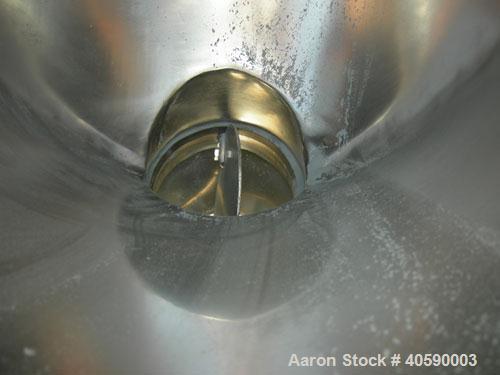 Used Patterson Kelley twin shell blender, 3 cubic foot capacity, 304 stainless steel. 340 pounds per cubic foot max material density. (2) 16" diameter charge ports with quick release covers. Driven b...