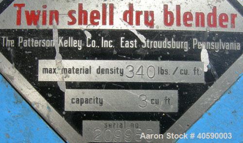 Used Patterson Kelley twin shell blender, 3 cubic foot capacity, 304 stainless steel. 340 pounds per cubic foot max material density. (2) 16" diameter charge ports with quick release covers. Driven b...