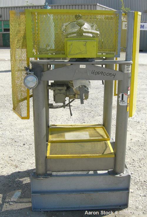 Used Patterson Kelly twin shell cross flow blender, 1 cubic foot capacity, 316 stainless steel. Maximum material density 500 pounds per cubic foot. (2) 10" diameter charge ports with quick release co...