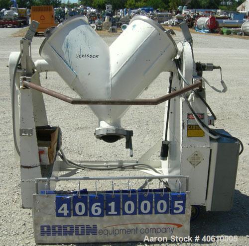 Used Patterson Kelley Twin Shell Liquid Solids Blender, 3 cubic feet capacity, 304 stainless steel. 60 pounds per cubic foot max material density. Liquid solids bar, driven by a 2 hp, 3/60/230/460 vo...