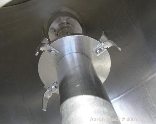 Used Patterson Kelley Twin Shell Liquid Solids Blender, 3 cubic feet capacity, 304 stainless steel. 60 pounds per cubic foot max material density. Liquid solids bar, driven by a 2 hp, 3/60/230/460 vo...