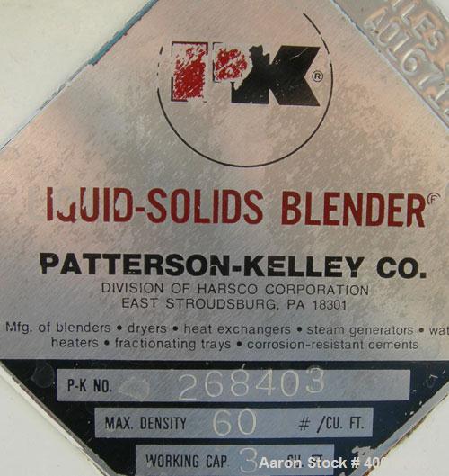 Used Patterson Kelley Twin Shell Liquid Solids Blender, 3 cubic feet capacity, 304 stainless steel. 60 pounds per cubic foot max material density. Liquid solids bar, driven by a 2 hp, 3/60/230/460 vo...