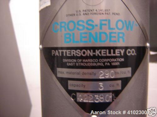 Unused-Patterson Kelley 3 Cubic Foot Crossflow Twin Shell V-Blender. This late model unit features the latest stand and shell design, 3 cubic foot working capacity, stainless steel shell, 290 lbs per...