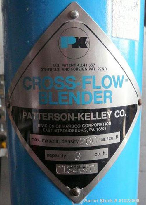 Unused-Patterson Kelley 3 Cubic Foot Crossflow Twin Shell V-Blender. This late model unit features the latest stand and shell design, 3 cubic foot working capacity, stainless steel shell, 290 lbs per...