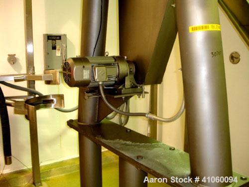 Used Patterson Kelley Twin Shell Crossflow Blender, 50 cubic feet, stainless steel construction. Rated 65 pounds per cubic foot maximum material density. Standard feed ports with covers, 10 outlet wi...