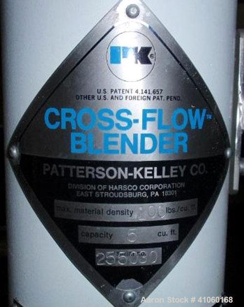 Used Patterson Kelley Twin Shell Cross Flow Blender, 5 cubic feet, stainless steel. Maximum material density 106 pounds per cubic foot. On stand with 1 hp, 230/460 volt motor. Serial #255030.