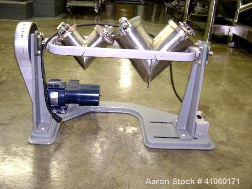 Used Patterson Kelley Dual Yolk Style Twin Shell Blender, 340#/ cubic foot max material density, with (1) 8 quart and (1) 4 quart stainless steel shell, bench top design with motor.