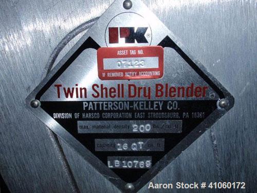 Used Patterson Kelley Twin Shell Blender, 16 quart, plastic shell, rated 200#/ cubic foot max material density. Serial #LB10769.