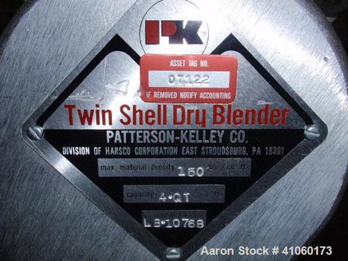 Used Patterson Kelley Twin Shell Blender, 150#/ cubic foot max material density, with (1) 8 quart and (1) 4 quart plastic shell, bench top design with motor. Serial #LB10768.