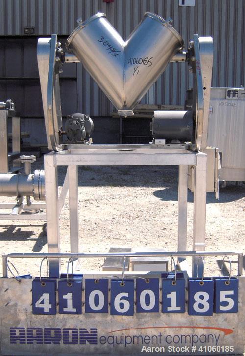 Used Patterson Kelley Twin Shell Blender, 16 quart capacity (.52 cubic feet), 304 stainless steel.  (2) 9" diameter charge ports with quick release covers. Each shell approximately 9 1/2" diameter x ...