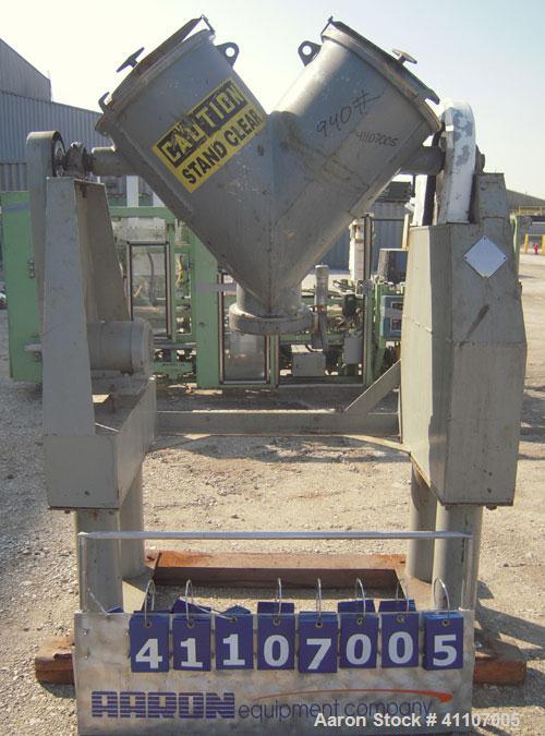 Used Patterson Kelley Twin Shell Blender, 3 Cubic Foot Capacity, 304 Stainless Steel.  Maximum material density 60 pounds a cubic foot. (2) 16" diameter charge ports with quick release covers. Shell ...