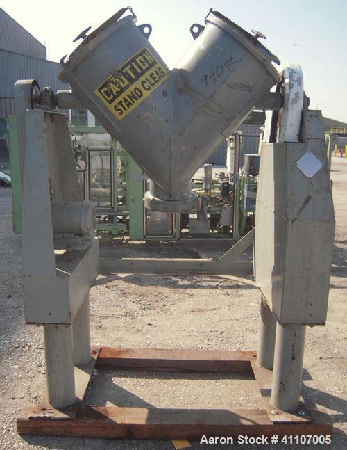 Used Patterson Kelley Twin Shell Blender, 3 Cubic Foot Capacity, 304 Stainless Steel.  Maximum material density 60 pounds a cubic foot. (2) 16" diameter charge ports with quick release covers. Shell ...