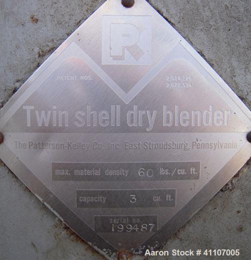 Used Patterson Kelley Twin Shell Blender, 3 Cubic Foot Capacity, 304 Stainless Steel.  Maximum material density 60 pounds a cubic foot. (2) 16" diameter charge ports with quick release covers. Shell ...