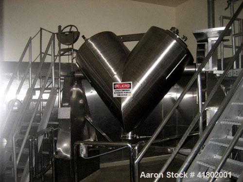 Used Patterson Kelley Twin Shell Dry Blender, 30 Cubic Feet Capacity, Stainless Steel. Approximately 36" diameter cones, (2) 17" diameter openings. Polished internal. Shell driven by a 5 hp, 3/60/230...