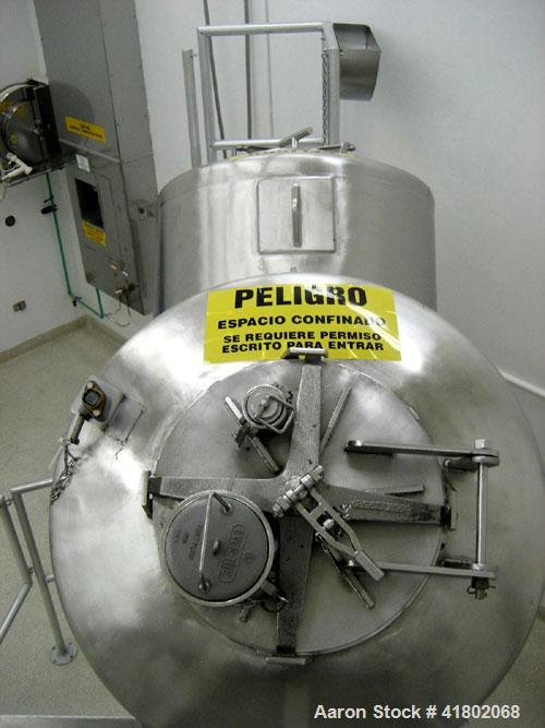 Used Patterson Kelley Twin Shell Dry Blender, 30 cubic foot capacity, stainless steel. Maximum material density 55 pounds per cubic foot. Approximately 36" diameter cones, (2) 17" diameter openings. ...