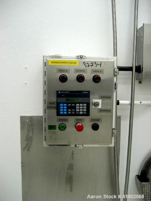 Used Patterson Kelley Twin Shell Dry Blender, 30 cubic foot capacity, stainless steel. Maximum material density 55 pounds per cubic foot. Approximately 36" diameter cones, (2) 17" diameter openings. ...
