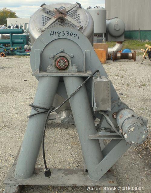Used Patterson Kelley Twin Shell Liquid Solids Blender, 10 Cubic Feet Capacity, 304 Stainless Steel. 70 pounds a cubic foot maximum material density. 25’’ diameter cones. 316 stainless steel intensif...