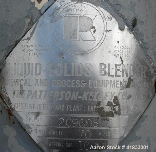 Used Patterson Kelley Twin Shell Liquid Solids Blender, 10 Cubic Feet Capacity, 304 Stainless Steel. 70 pounds a cubic foot maximum material density. 25’’ diameter cones. 316 stainless steel intensif...