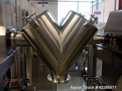 Used Patterson Kelley Twin Shell Blender, 1 Cubic Foot. Stainless steel construction, standard access ports with covers, with 3 HP 575 volt 60 hz shell motor, 1 HP 575 volt 60 hz intensifier bar moto...