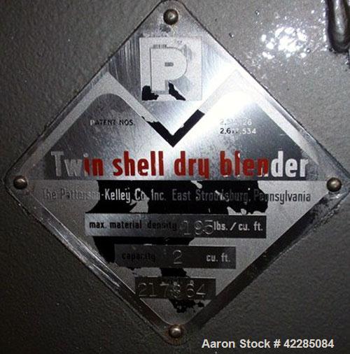 Used Patterson Kelley Twin Shell Blender, 2 Cubic Foot. Stainless steel construction, rated 195 lbs/cu. ft. max material density, standard access ports with covers, with 3/4 HP 230/460 volt shell dri...