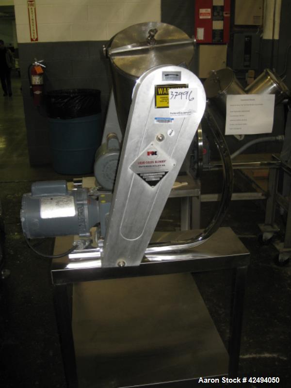 Used Patterson Kelley 16 quart twin shell blender, stainless steel construction, 125#/ cu ft max material density, liquid solids bar with 1 hp motor drive, .25, 115 volt shell drive on stand, serial#...