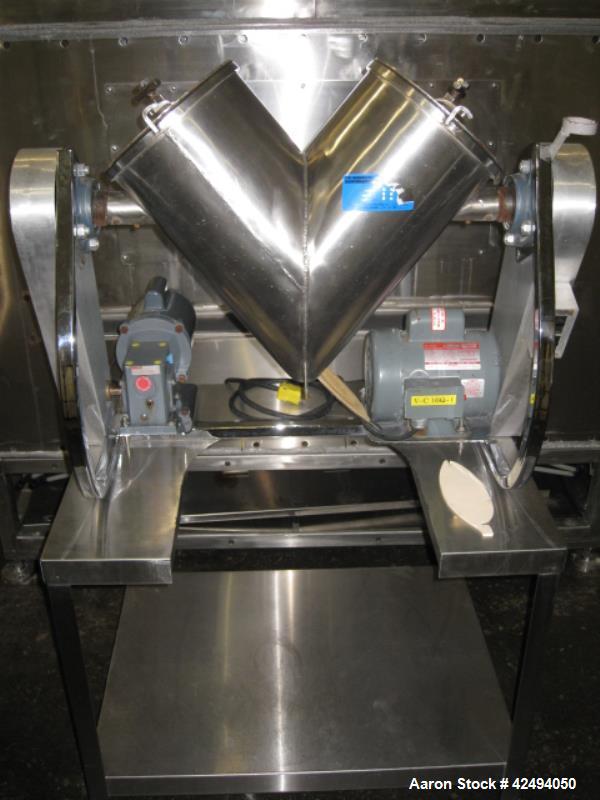 Used Patterson Kelley 16 quart twin shell blender, stainless steel construction, 125#/ cu ft max material density, liquid solids bar with 1 hp motor drive, .25, 115 volt shell drive on stand, serial#...