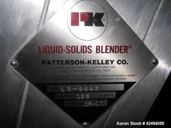Used Patterson Kelley 16 quart twin shell blender, stainless steel construction, 125#/ cu ft max material density, liquid solids bar with 1 hp motor drive, .25, 115 volt shell drive on stand, serial#...