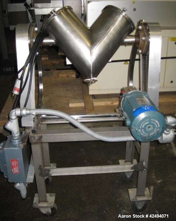 Used 8 quart Patterson Kelley twin shell blender, stainless steel construction, on stand with .25 hp, 115 volt shell drive, serial# LB7505. PRICE INCLUDES A 15% BUYERS PREMIUM
