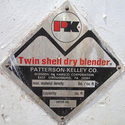 Used Patterson-Kelley Twin Shell Dry Blender, 75 cubic feet, stainless steel. 60 Pounds per cubic foot maximum material density. Top charge ports with covers, 8'' center bottom outlet with butterfly ...