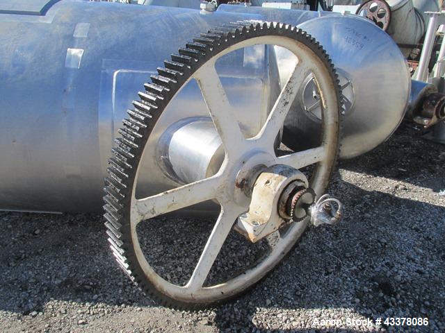 Used Patterson-Kelley twin shell blender, 150 cu. Ft, stainless steel construction, rated 50 lbs/cu. ft. max material density, with high speed bar, approx. 15 hp XP variable speed drive, with stainle...