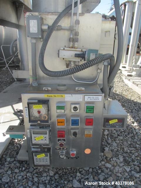 Used Patterson-Kelley twin shell blender, 150 cu. Ft, stainless steel construction, rated 50 lbs/cu. ft. max material density, with high speed bar, approx. 15 hp XP variable speed drive, with stainle...