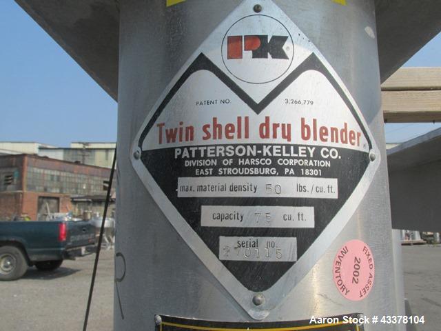 Used Patterson-Kelley 75 Cubic Feet Twin Shell Blender. Stainless steel construction, rated for 50 pounds a cubic foot maximum material density, provision for high speed bar less bar and internals dr...