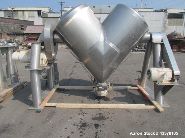 Used Patterson-Kelley 50 Cubic Feet Twin Shell Blender. Stainless steel construction, rated for 50 pounds per cubic foot maximum material density, 5 hp variable speed shell motor drive, provision for...
