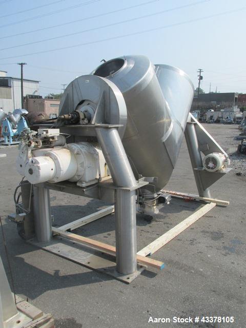Used Patterson-Kelley 50 Cubic Feet Twin Shell Blender. Stainless steel construction, rated for 50 pounds per cubic foot maximum material density, 5 hp variable speed shell motor drive, provision for...