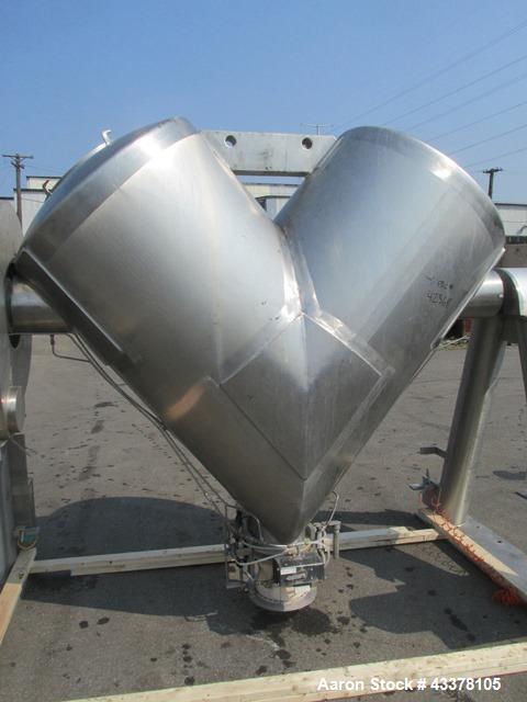 Used Patterson-Kelley 50 Cubic Feet Twin Shell Blender. Stainless steel construction, rated for 50 pounds per cubic foot maximum material density, 5 hp variable speed shell motor drive, provision for...