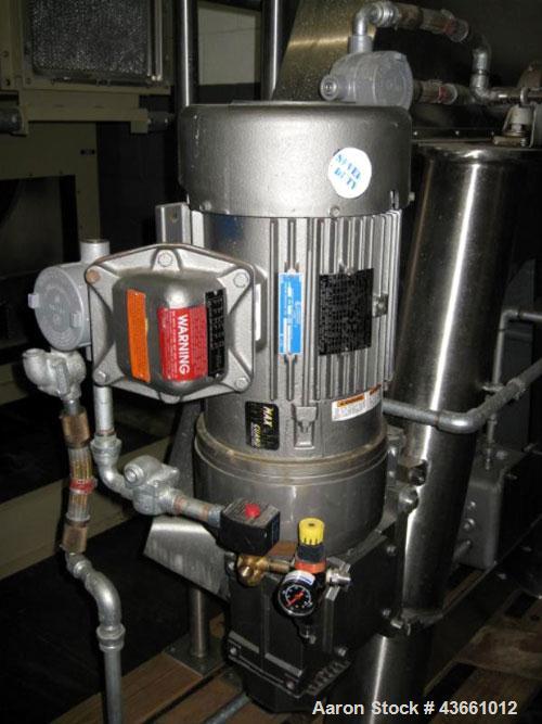 Used Patterson Kelley Twin Shell Blender, 20 Cubic Feet. Stainless steel construciton, rated 70#/ cu. ft. maximum material density, 5 hp, 230/460 volt xp main drive, standard feed ports with covers, ...